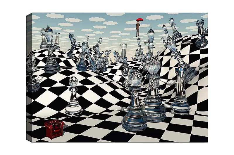 Canvas taulu 70x100 cm - Surrealistinen shakkilauta, jossa läpinäkyvät shakkinappulat ulottuvat aaltoilevan maiseman yli, Musta / Valkoinen / Läpinäkyvä