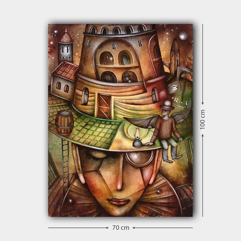 Canvas taulu 70x100 cm - Surrealistinen sommitelma, jossa suuri, kasvoja muistuttava hahmo hatussa ja rakennus sekä siivekäs hahmo sen päällä - Ruskea / Vihreä / Beige - Sisustustuotteet - Taulu & taide - Canvas-taulu