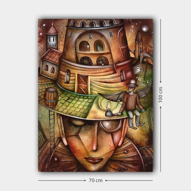 Canvas taulu 70x100 cm - Surrealistinen sommitelma, jossa suuri, kasvoja muistuttava hahmo hatussa ja rakennus sekä siivekäs hahmo sen päällä - Ruskea / Vihreä / Beige - Sisustustuotteet - Taulu & taide - Canvas-taulu