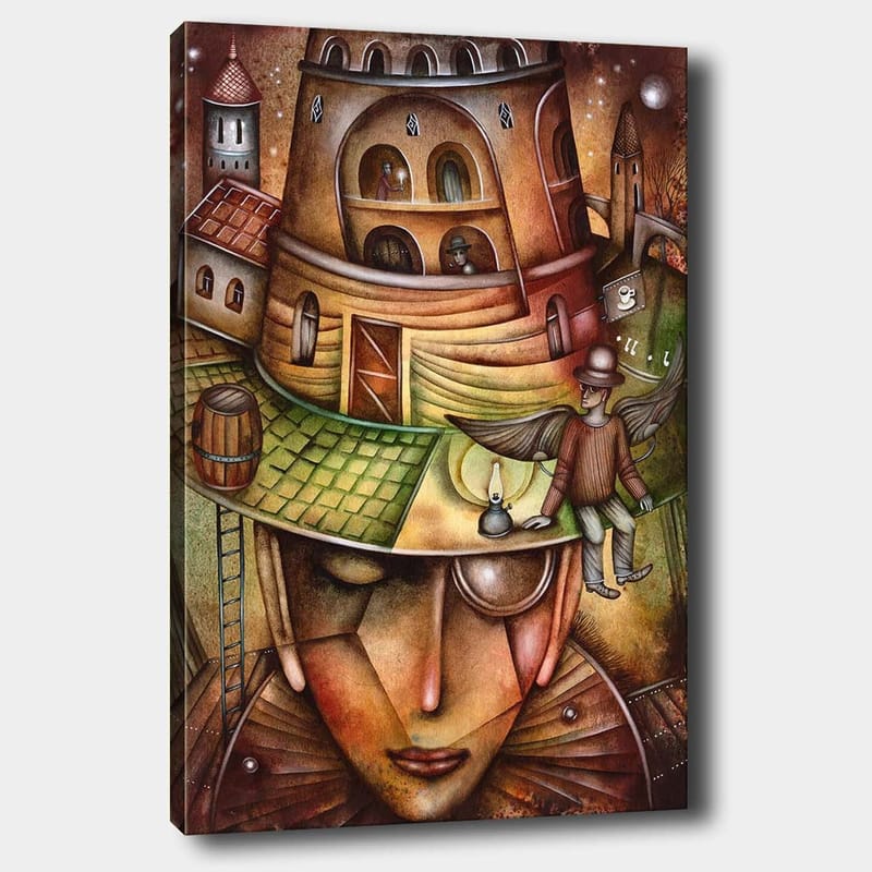 Canvas taulu 70x100 cm - Surrealistinen sommitelma, jossa suuri, kasvoja muistuttava hahmo hatussa ja rakennus sekä siivekäs hahmo sen päällä, Ruskea / Vihreä / Beige
