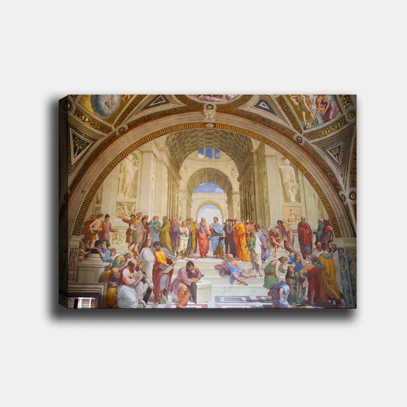 Canvas taulu 70x100 cm - Suuri kokoelma filosofeja ja ajattelijoita upeassa arkkitehtonisessa ympäristössä, Sininen / Punainen / Beige
