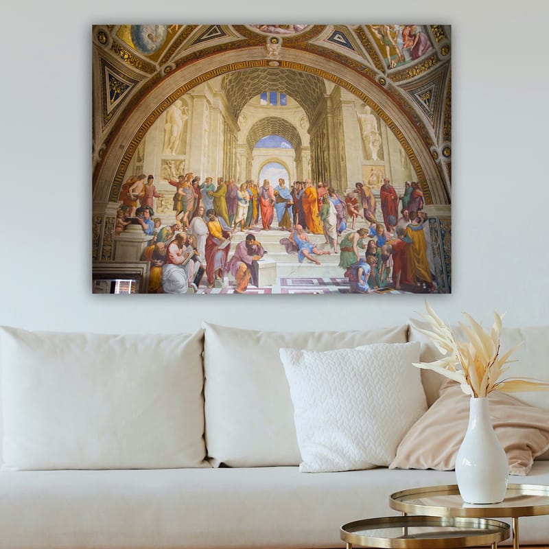 Canvas taulu 70x100 cm - Suuri kokoelma filosofeja ja ajattelijoita upeassa arkkitehtonisessa ympäristössä - Sininen / Punainen / Beige - Sisustustuotteet - Taulu & taide - Canvas-taulu