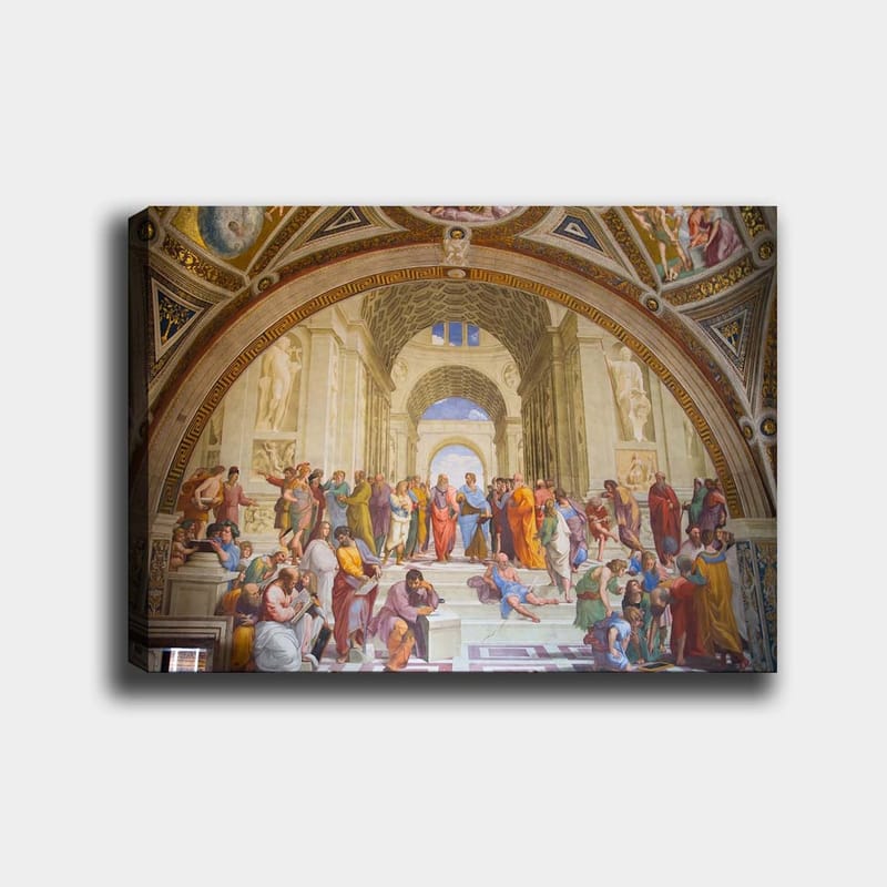 Canvas taulu 70x100 cm - Suuri kokoelma filosofeja ja ajattelijoita upeassa arkkitehtonisessa ympäristössä, Sininen / Punainen / Beige