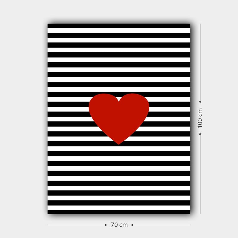 Canvas taulu 70x100 cm - Suuri punainen sydän mustavalkoisilla raidoilla taustalla - Punainen / Musta / Valkoinen - Sisustustuotteet - Taulu & taide - Canvas-taulu