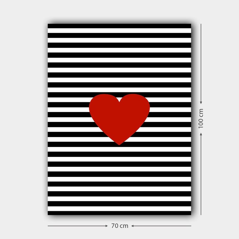 Canvas taulu 70x100 cm - Suuri punainen sydän mustavalkoisilla raidoilla taustalla - Punainen / Musta / Valkoinen - Sisustustuotteet - Taulu & taide - Canvas-taulu