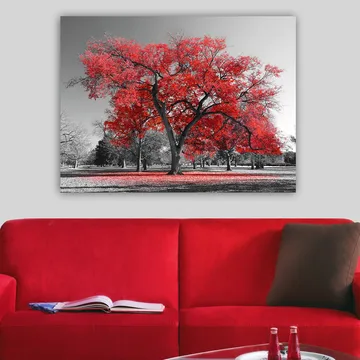 Canvas taulu 70x100 cm - Suuri punainen puu mustavalkoisessa puistomaisemassa - Punainen / Musta - Sisustustuotteet - Taulu & taide - Canvas-taulu