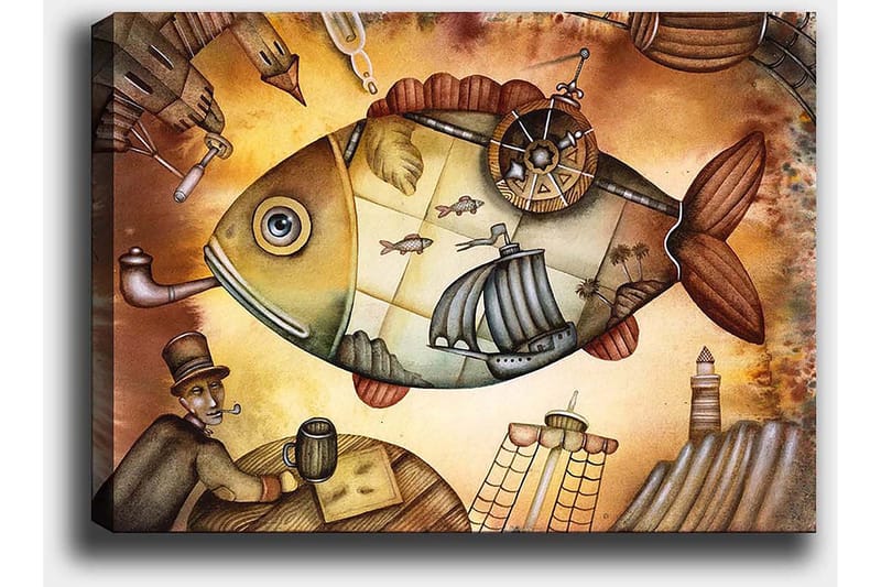 Canvas taulu 70x100 cm - Suuria, mielikuvituksellisia kaloja purjeveneiden ja majakan kanssa unenomaisessa ympäristössä - Ruskea / Vihreä / Beige - Sisustustuotteet - Taulu & taide - Canvas-taulu