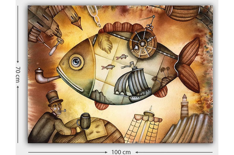 Canvas taulu 70x100 cm - Suuria, mielikuvituksellisia kaloja purjeveneiden ja majakan kanssa unenomaisessa ympäristössä - Ruskea / Vihreä / Beige - Sisustustuotteet - Taulu & taide - Canvas-taulu