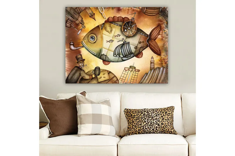 Canvas taulu 70x100 cm - Suuria, mielikuvituksellisia kaloja purjeveneiden ja majakan kanssa unenomaisessa ympäristössä, Ruskea / Vihreä / Beige