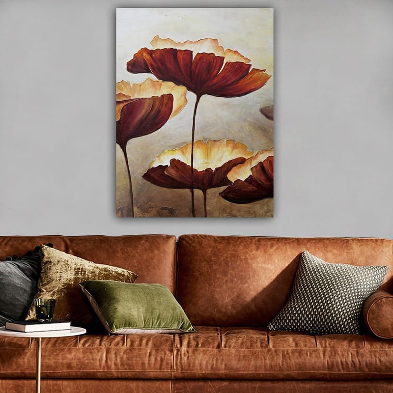 Canvas taulu 70x100 cm - Suuria, tyyliteltyjä kukkia lämpimin sävyin - Tummanpunainen / Kermanvalkoinen - Sisustustuotteet - Taulu & taide - Canvas-taulu