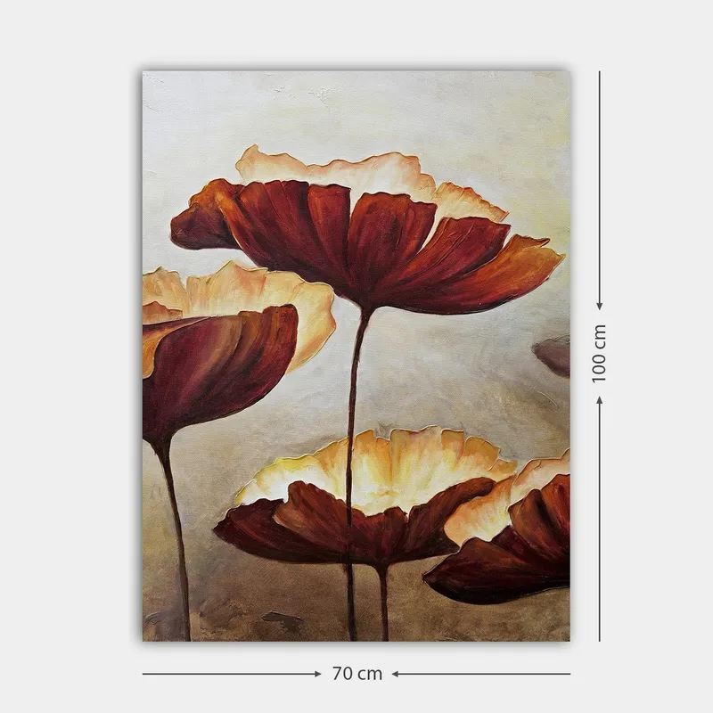 Canvas taulu 70x100 cm - Suuria, tyyliteltyjä kukkia lämpimin sävyin - Tummanpunainen / Kermanvalkoinen - Sisustustuotteet - Taulu & taide - Canvas-taulu