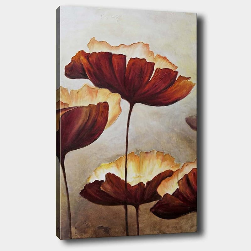 Canvas taulu 70x100 cm - Suuria, tyyliteltyjä kukkia lämpimin sävyin, Tummanpunainen / Kermanvalkoinen