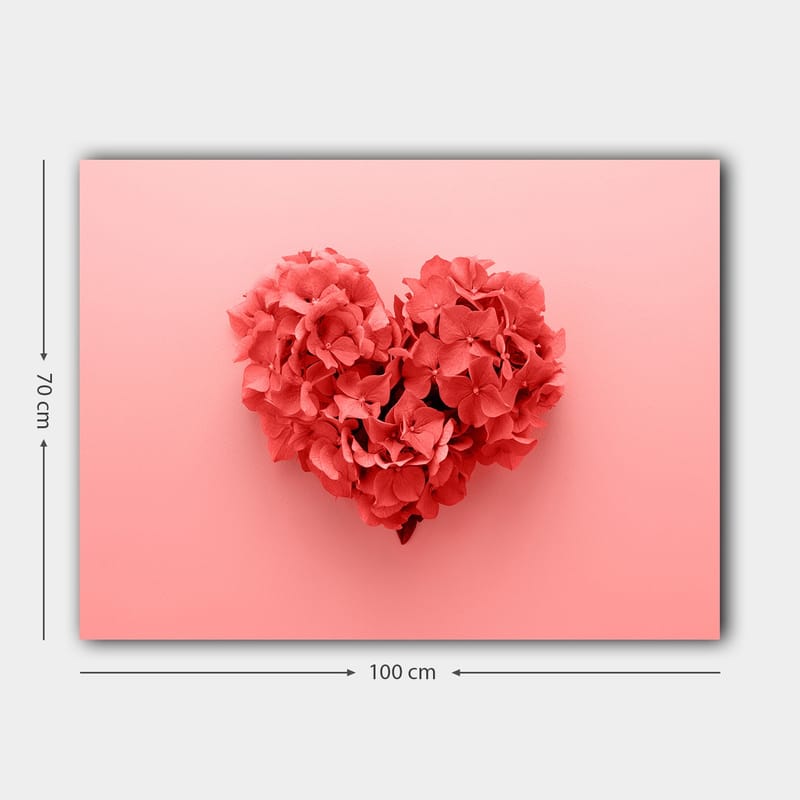 Canvas taulu 70x100 cm - Sydämenmuotoinen kukkasommitelma romanttisessa ja leikkisässä tyylissä - Korallinpunainen / Vaaleanpunainen - Sisustustuotteet - Taulu & taide - Canvas-taulu