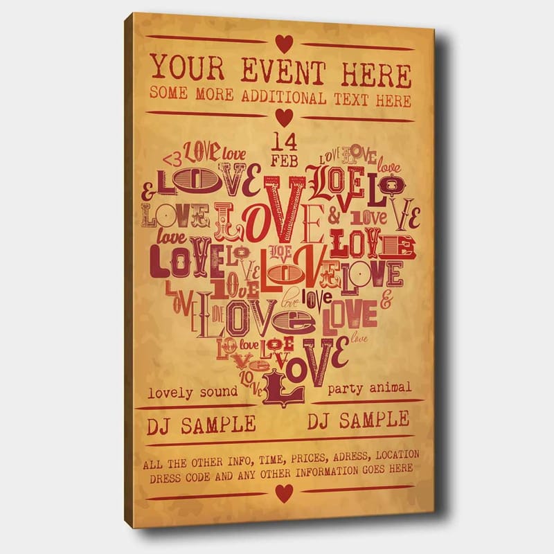 Canvas taulu 70x100 cm - Sydämenmuotoinen rakkautta ja romantiikkaa ilmaisevien sanojen sommittelu, Punainen / Tummanpunainen / Beige