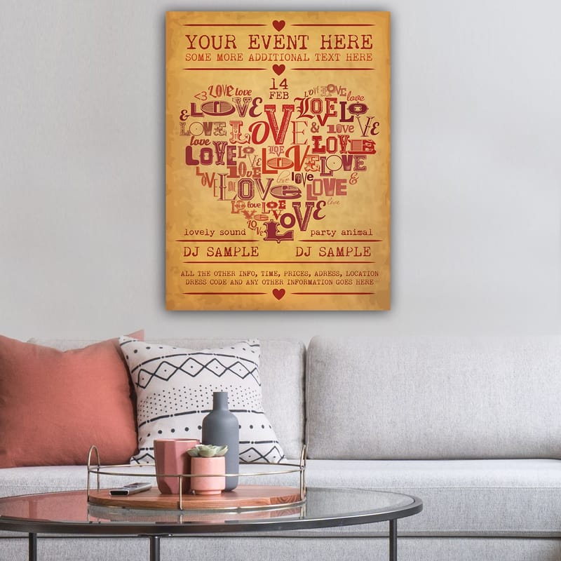 Canvas taulu 70x100 cm - Sydämenmuotoinen rakkautta ja romantiikkaa ilmaisevien sanojen sommittelu - Punainen / Tummanpunainen / Beige - Sisustustuotteet - Taulu & taide - Canvas-taulu