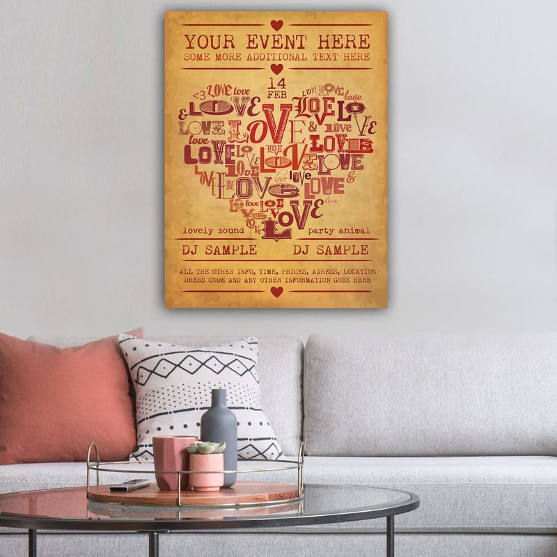 Canvas taulu 70x100 cm - Sydämenmuotoinen rakkautta ja romantiikkaa ilmaisevien sanojen sommittelu - Punainen / Tummanpunainen / Beige - Sisustustuotteet - Taulu & taide - Canvas-taulu