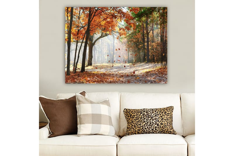 Canvas taulu 70x100 cm - Syksyn metsämaisema putoavilla lehdillä lämpimin värein - Oranssi / Ruskea / Vihreä - Sisustustuotteet - Taulu & taide - Canvas-taulu
