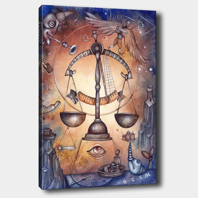 Canvas taulu 70x100 cm - Symbolinen tasapainoa edustava mittakaava, jota ympäröivät erilaiset elämän monimutkaisuutta edustavat elementit - Kulta / Sininen / Ruskea - Sisustustuotteet - Taulu & taide - Canvas-taulu