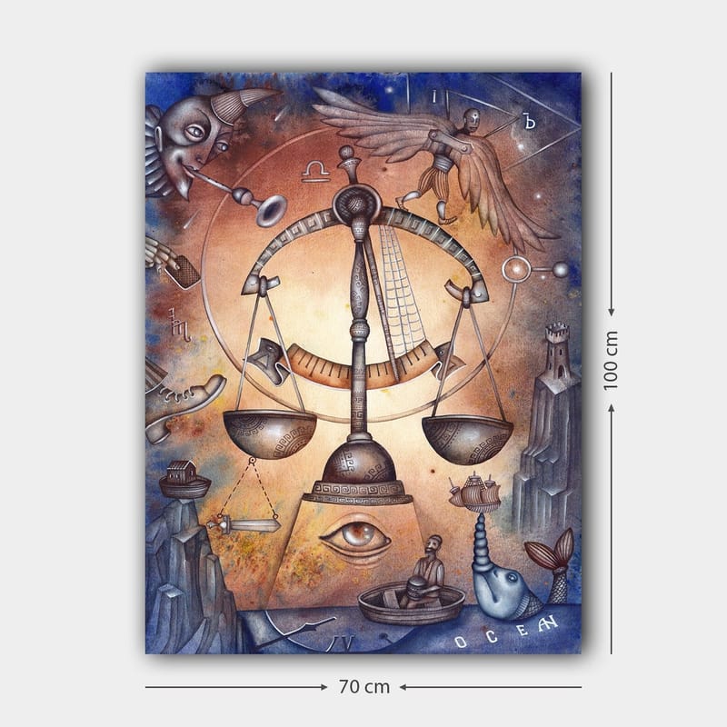 Canvas taulu 70x100 cm - Symbolinen tasapainoa edustava mittakaava, jota ympäröivät erilaiset elämän monimutkaisuutta edustavat elementit - Kulta / Sininen / Ruskea - Sisustustuotteet - Taulu & taide - Canvas-taulu