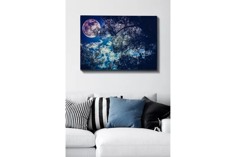 Canvas taulu 70x100 cm - Tähtikirkas yö, jossa suuri kuu paistaa puiden oksien välistä, Tummansininen / Vaaleansininen / Violetti