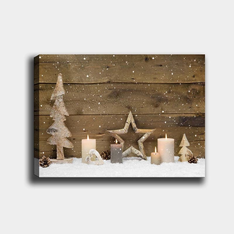 Canvas taulu 70x100 cm - Talvikoriste valoilla, puilla ja tähdillä lumipeitteisellä pinnalla, Valkoinen / Harmaa / Ruskea