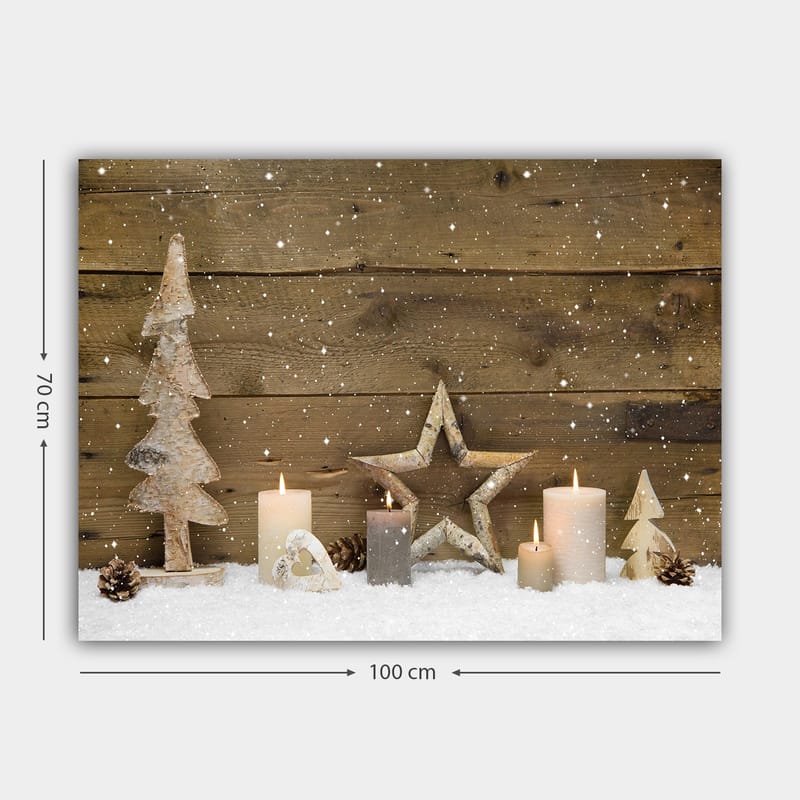 Canvas taulu 70x100 cm - Talvikoriste valoilla, puilla ja tähdillä lumipeitteisellä pinnalla - Valkoinen / Harmaa / Ruskea - Sisustustuotteet - Taulu & taide - Canvas-taulu