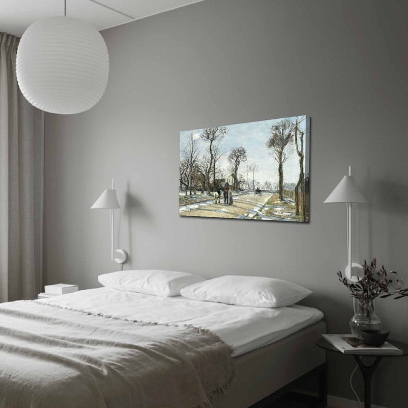 Canvas taulu 70x100 cm - Talvimaisema, jossa ihmiset kävelevät lumisella tiellä puiden ympäröimänä - Harmaa / Valkoinen / Ruskea - Sisustustuotteet - Taulu & taide - Canvas-taulu