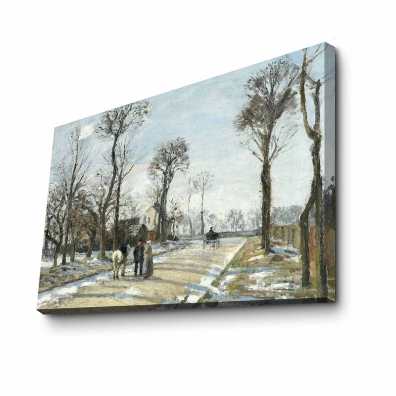 Canvas taulu 70x100 cm - Talvimaisema, jossa ihmiset kävelevät lumisella tiellä puiden ympäröimänä, Harmaa / Valkoinen / Ruskea