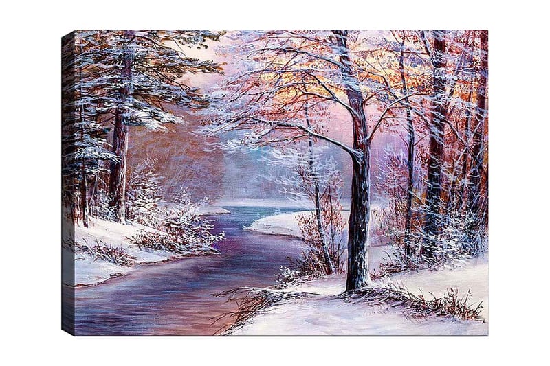 Canvas taulu 70x100 cm - Talvimaisema lumipeitteisillä puilla ja peilimäisellä joella - Valkoinen / Vaaleansininen / Vaaleanpunainen - Sisustustuotteet - Taulu & taide - Canvas-taulu