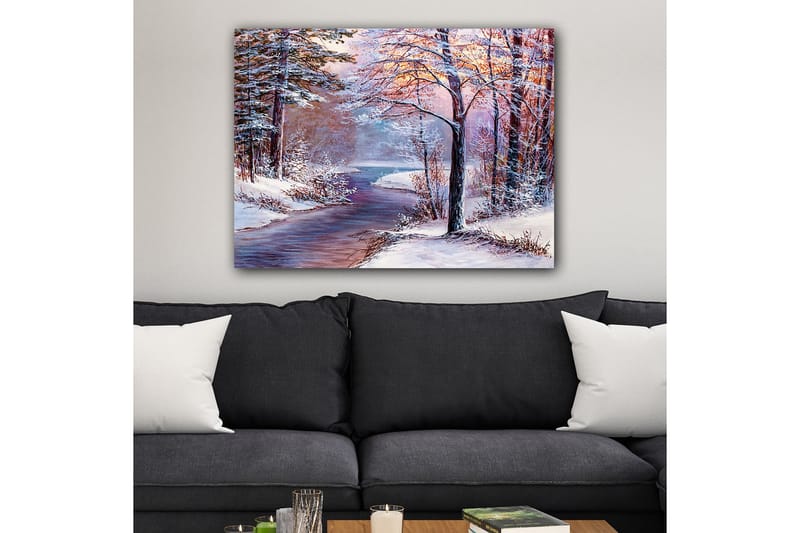 Canvas taulu 70x100 cm - Talvimaisema lumipeitteisillä puilla ja peilimäisellä joella - Valkoinen / Vaaleansininen / Vaaleanpunainen - Sisustustuotteet - Taulu & taide - Canvas-taulu