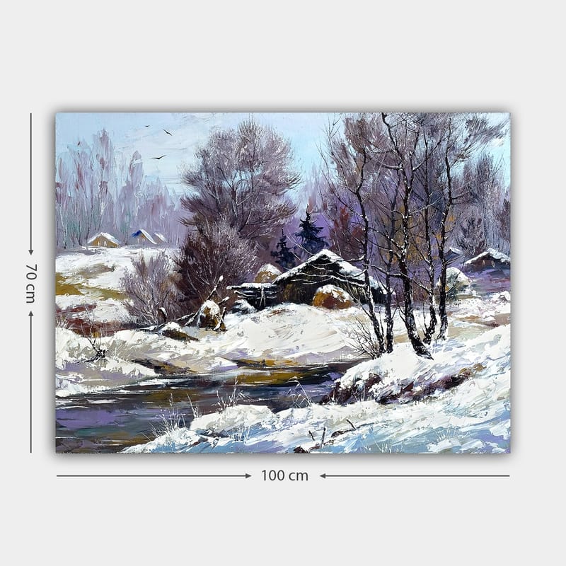 Canvas taulu 70x100 cm - Talvimaisema lumipeitteisillä puilla ja vanhalla mökillä hiljaisen puron rannalla - Valkoinen / Vaaleansininen / Tummanvioletti - Sisustustuotteet - Taulu & taide - Canvas-taulu