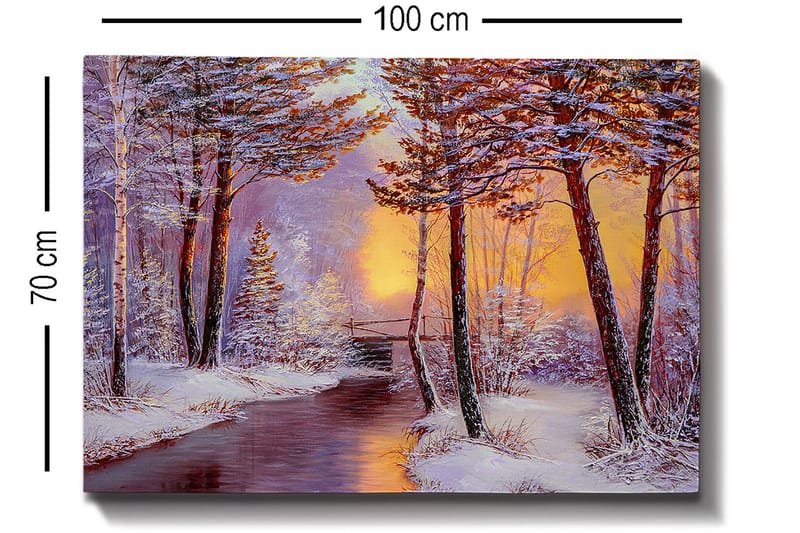 Canvas taulu 70x100 cm - Talvimaisema lumipeitteisillä puilla ja hiljaisella joella auringonlaskun valossa - Valkoinen / Oranssi / Ruskea - Sisustustuotteet - Taulu & taide - Canvas-taulu