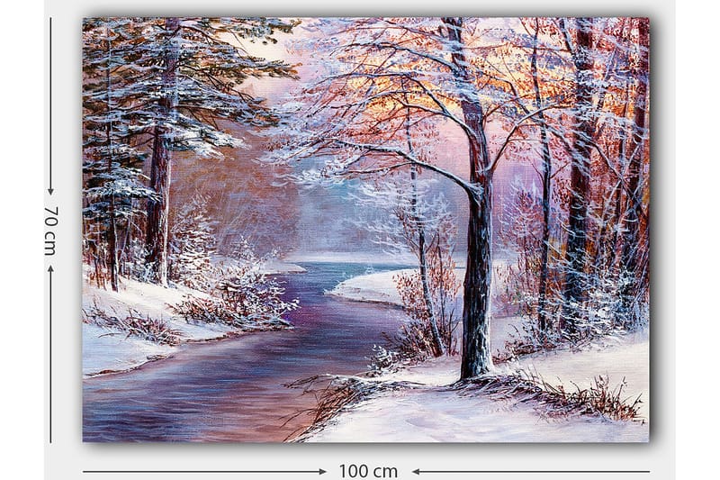 Canvas taulu 70x100 cm - Talvimaisema lumipeitteisillä puilla ja peilimäisellä joella - Valkoinen / Vaaleansininen / Vaaleanpunainen - Sisustustuotteet - Taulu & taide - Canvas-taulu