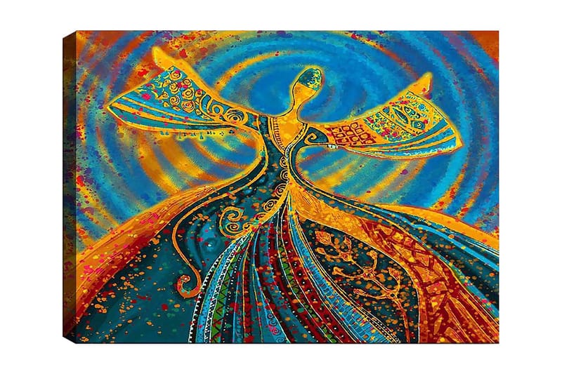Canvas taulu 70x100 cm - Tanssiva hahmo ojennettuine käsivarsineen värikkäässä ja eloisassa sommitelmassa, Sininen / Oranssi / Vihreä