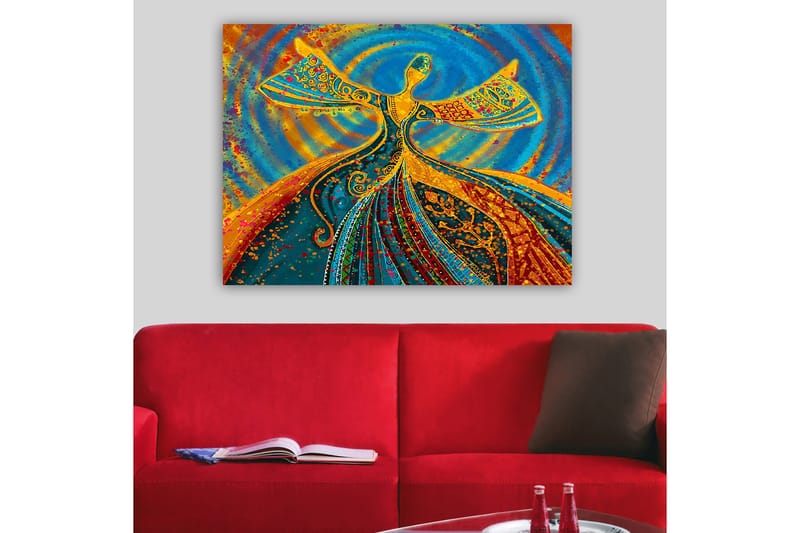 Canvas taulu 70x100 cm - Tanssiva hahmo ojennettuine käsivarsineen värikkäässä ja eloisassa sommitelmassa - Sininen / Oranssi / Vihreä - Sisustustuotteet - Taulu & taide - Canvas-taulu