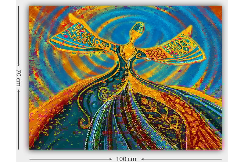 Canvas taulu 70x100 cm - Tanssiva hahmo ojennettuine käsivarsineen värikkäässä ja eloisassa sommitelmassa - Sininen / Oranssi / Vihreä - Sisustustuotteet - Taulu & taide - Canvas-taulu