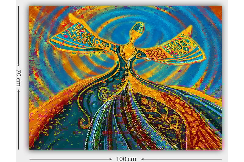 Canvas taulu 70x100 cm - Tanssiva hahmo ojennettuine käsivarsineen värikkäässä ja eloisassa sommitelmassa - Sininen / Oranssi / Vihreä - Sisustustuotteet - Taulu & taide - Canvas-taulu