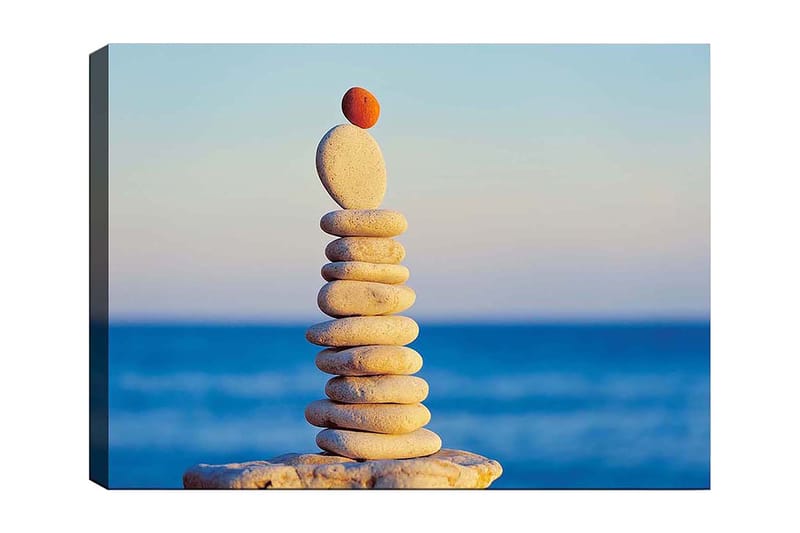 Canvas taulu 70x100 cm - Tasapainoinen kivipino, jonka päällä on punainen kivi, Vaaleanharmaa / Beige / Punainen