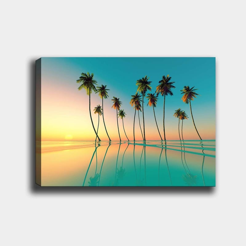 Canvas taulu 70x100 cm - Trooppinen auringonlasku, jossa palmut heijastuvat tyynessä vedessä, Turkoosi / Oranssi / Vihreä