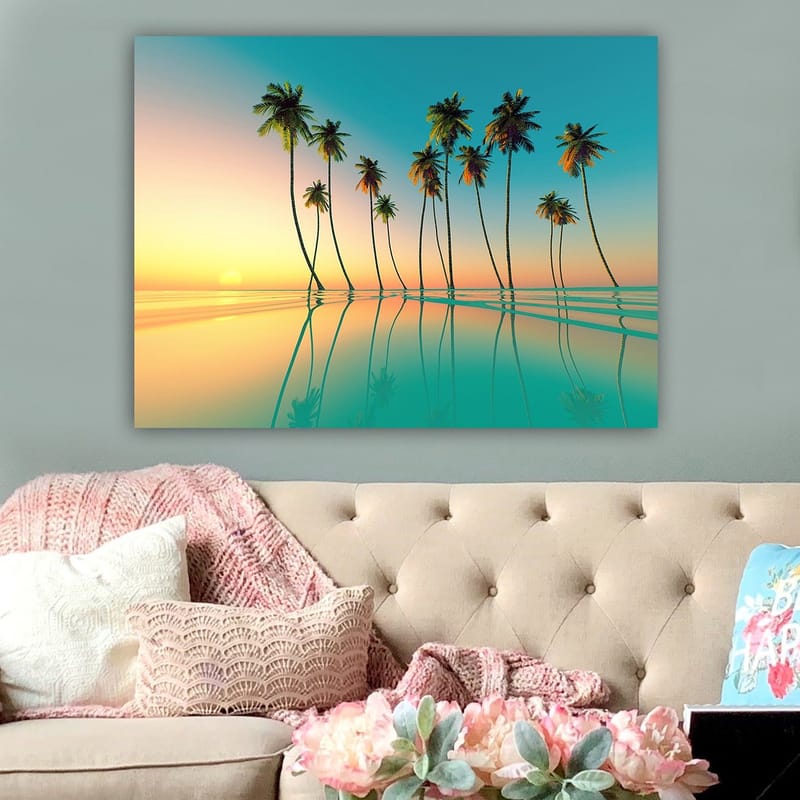 Canvas taulu 70x100 cm - Trooppinen auringonlasku, jossa palmut heijastuvat tyynessä vedessä - Turkoosi / Oranssi / Vihreä - Sisustustuotteet - Taulu & taide - Canvas-taulu