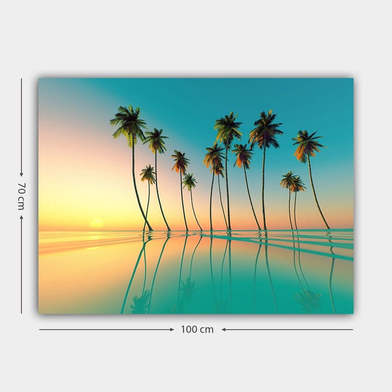 Canvas taulu 70x100 cm - Trooppinen auringonlasku, jossa palmut heijastuvat tyynessä vedessä - Turkoosi / Oranssi / Vihreä - Sisustustuotteet - Taulu & taide - Canvas-taulu
