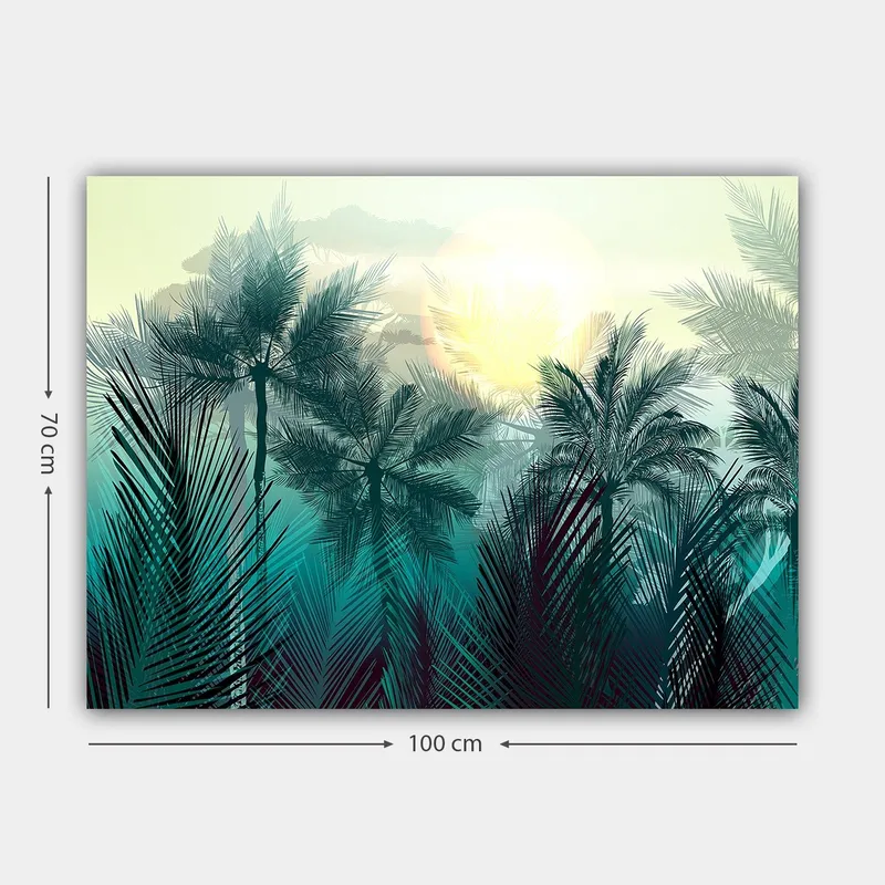 Canvas taulu 70x100 cm - Trooppinen maisema palmuilla ja auringonnousulla taustalla - Turkoosi / Vihreä / Keltainen - Sisustustuotteet - Taulu & taide - Canvas-taulu