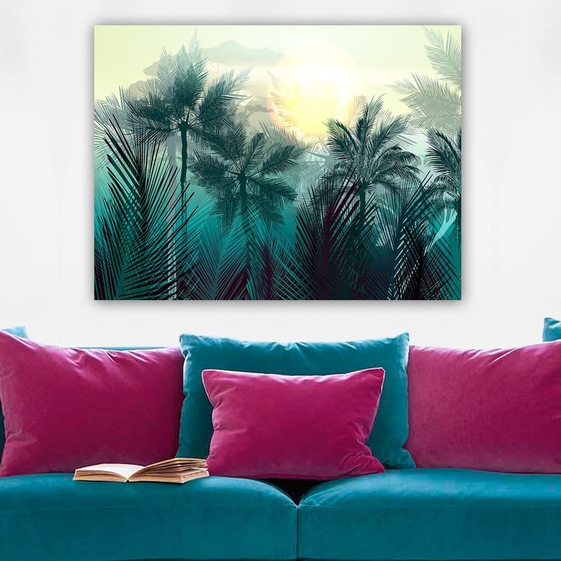 Canvas taulu 70x100 cm - Trooppinen maisema palmuilla ja auringonnousulla taustalla - Turkoosi / Vihreä / Keltainen - Sisustustuotteet - Taulu & taide - Canvas-taulu