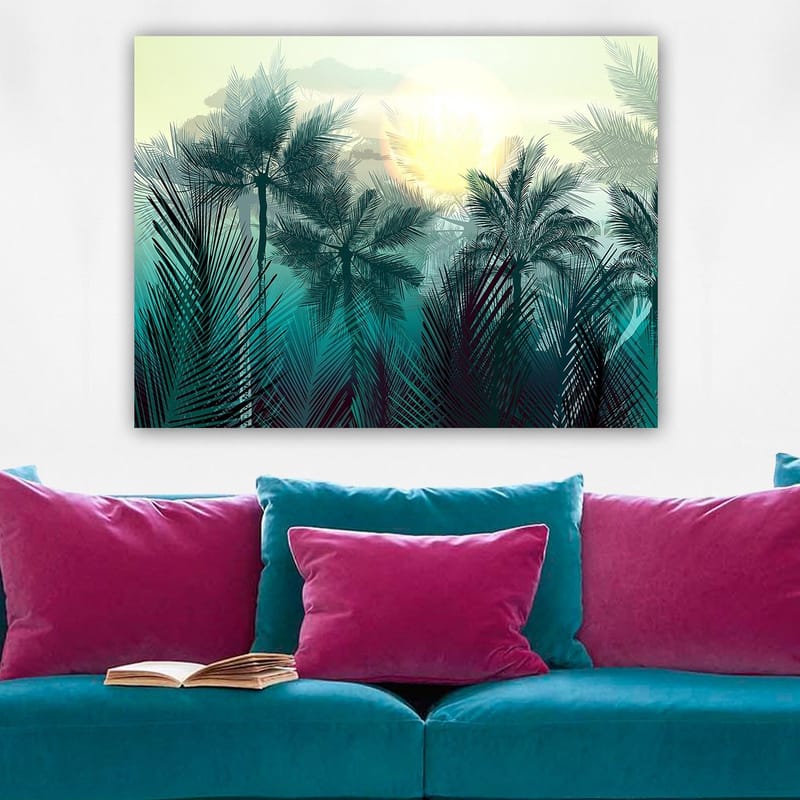 Canvas taulu 70x100 cm - Trooppinen maisema palmuilla ja auringonnousulla taustalla - Turkoosi / Vihreä / Keltainen - Sisustustuotteet - Taulu & taide - Canvas-taulu