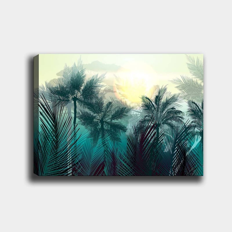 Canvas taulu 70x100 cm - Trooppinen maisema palmuilla ja auringonnousulla taustalla, Turkoosi / Vihreä / Keltainen
