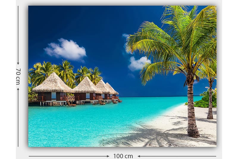 Canvas taulu 70x100 cm - Trooppinen ranta bungaloweilla ja palmuilla kirkkaan turkoosin veden äärellä - Turkoosi / Vihreä / Beige - Sisustustuotteet - Taulu & taide - Canvas-taulu