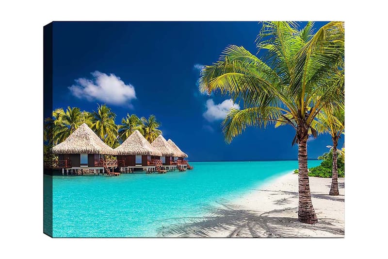 Canvas taulu 70x100 cm - Trooppinen ranta bungaloweilla ja palmuilla kirkkaan turkoosin veden äärellä, Turkoosi / Vihreä / Beige