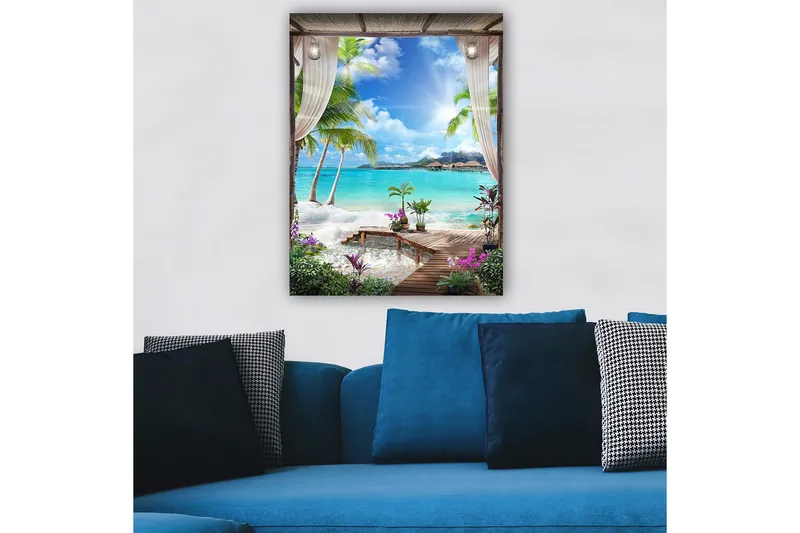 Canvas taulu 70x100 cm - Trooppinen rantanäkymä palmujen, kirkkaan veden ja kukkien kera rentouttavassa ympäristössä, Turkoosi / Vihreä / Violetti