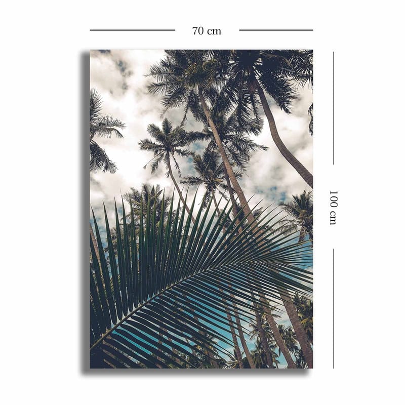 Canvas taulu 70x100 cm - Trooppinen palmulehto, jonka etualalla on suuri palmunlehti - Tummanvihreä / Vaaleanvihreä / Sininen - Sisustustuotteet - Taulu & taide - Canvas-taulu