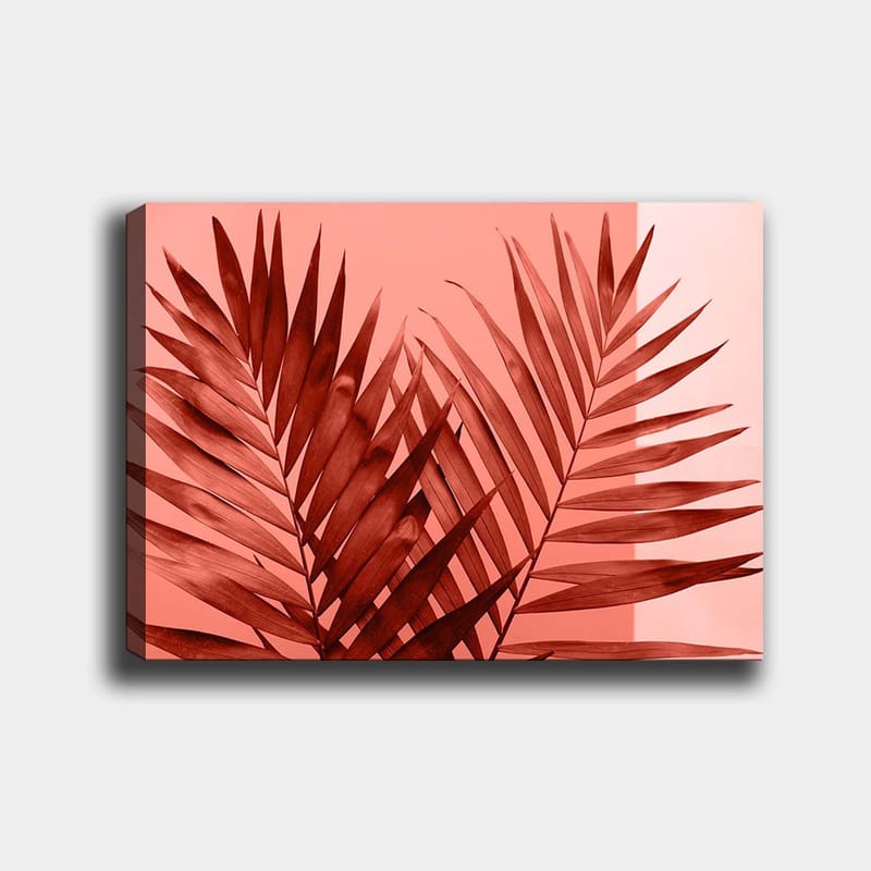 Canvas taulu 70x100 cm - Tummat palmunlehdet vaaleaa korallitaustaa vasten - Tummanpunainen / Koralli - Sisustustuotteet - Taulu & taide - Canvas-taulu